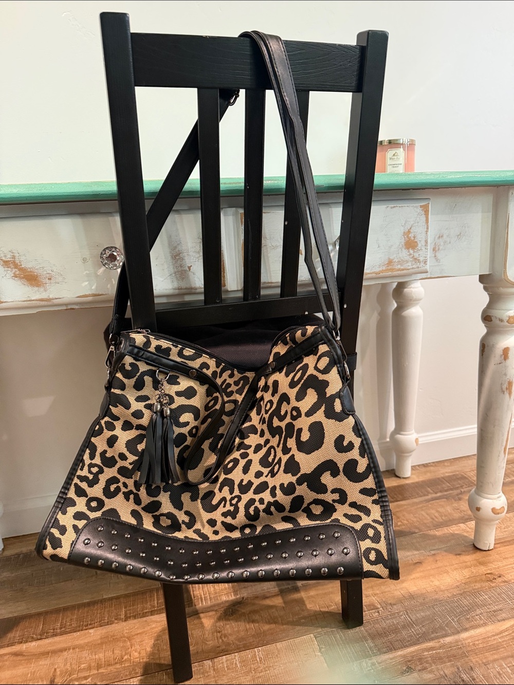 Leopard Print Hobo Bag with Black Leather Silver Studded Trim